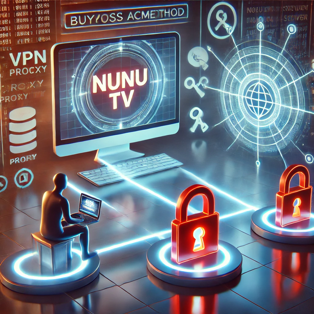 DALL·E 2024 08 24 13.44.13 An image representing Nunu TVs bypass access method. The central focus is on a streaming platform interface with a screen displaying a Nunu TV like l