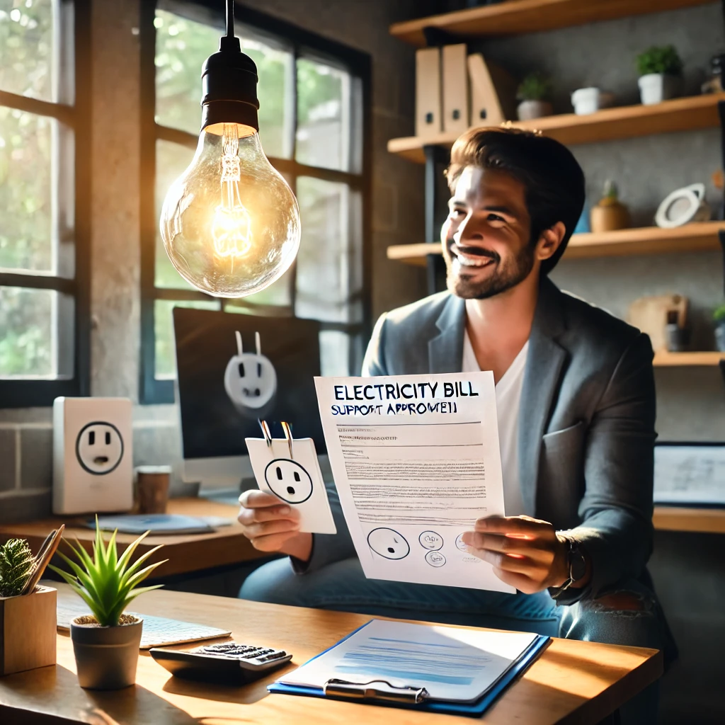 DALL·E 2024 09 05 14.04.19 A small business owner sitting in a cozy office looking relieved while holding a document that shows electricity bill support approval. In the backgr