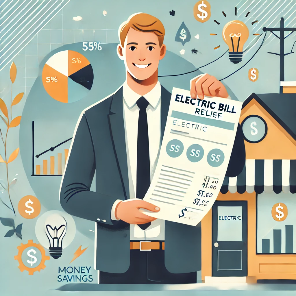 DALL·E 2024 09 05 14.08.24 An illustration of a small business owner receiving electric bill relief in a supportive and modern environment. The image features a smiling business