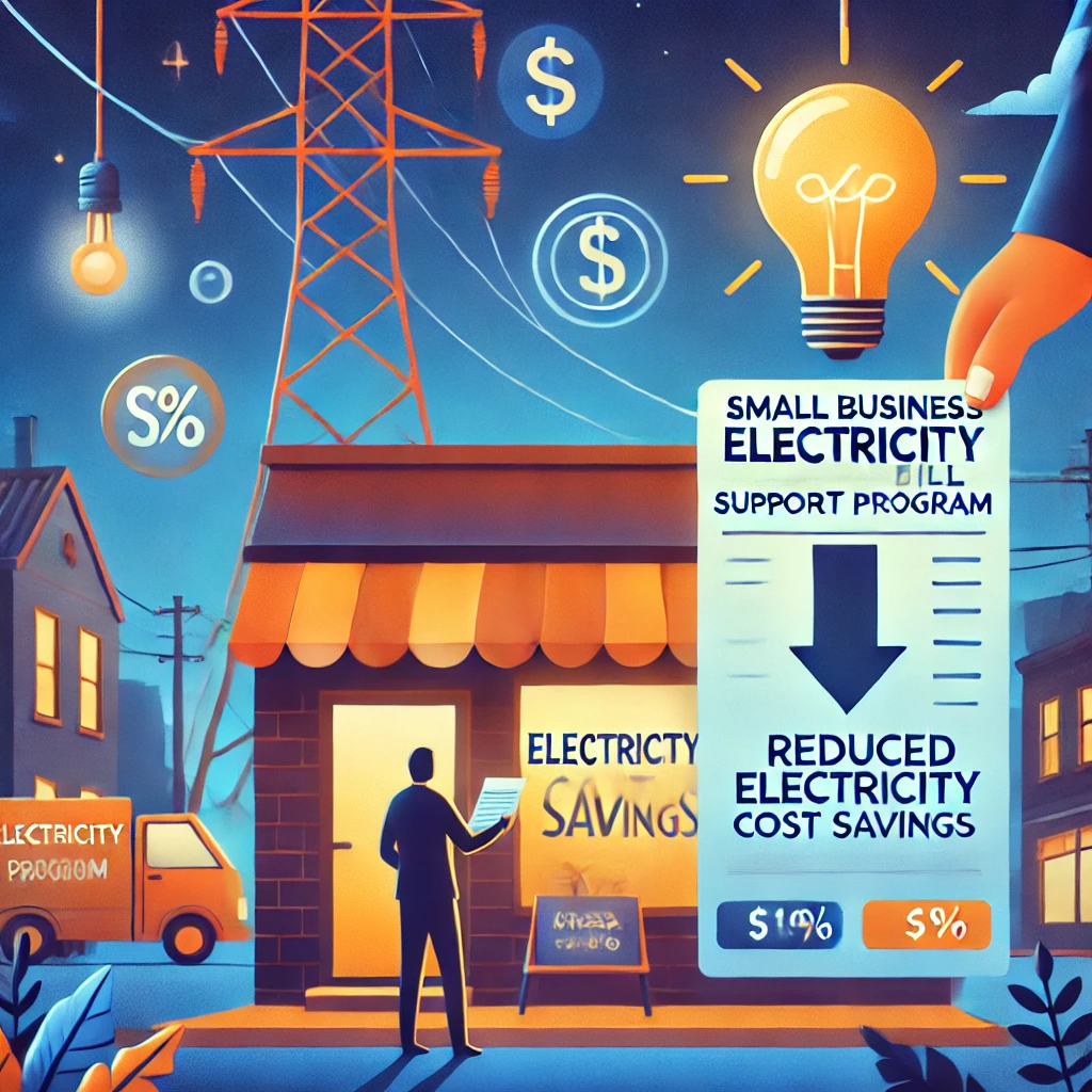 DALL·E 2024 09 05 14.08.49 A visually informative illustration representing the Small Business Electricity Bill Support Program. The illustration shows a small business owner