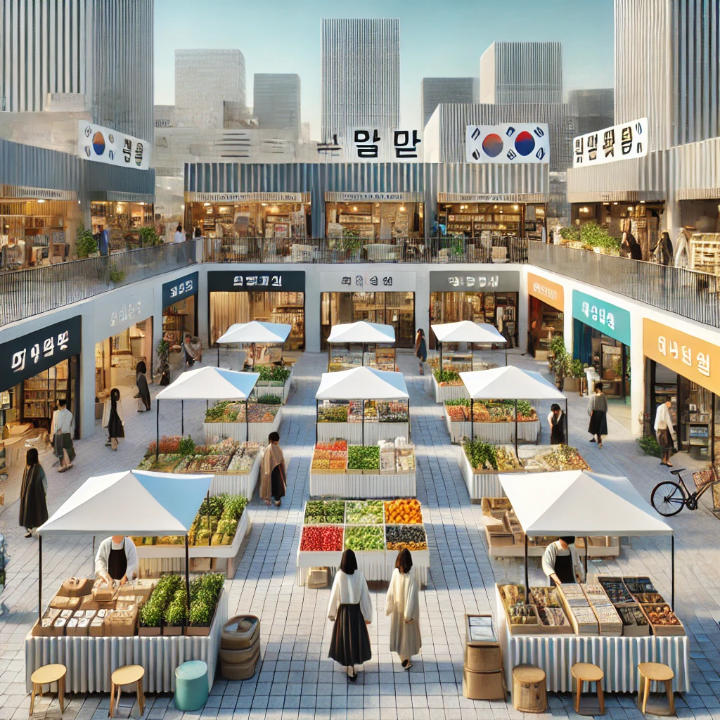 DALL·E 2024 09 05 15.25.12 A modern Korean market scene inspired by the traditional 오일장. The market is set in an urban environment with clean minimalist stalls and sleek arch