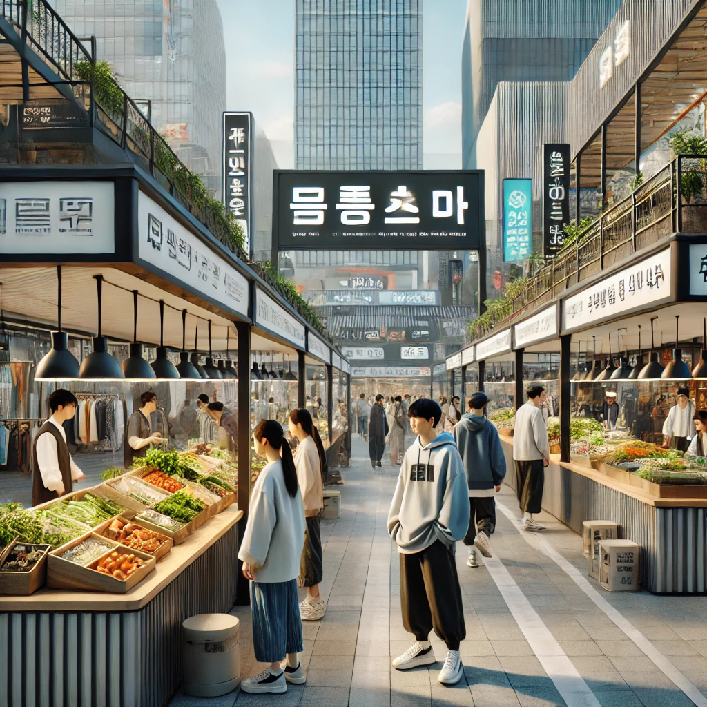 DALL·E 2024 09 05 15.26.32 A modern day Korean market inspired by traditional 오일장 but with a contemporary twist. The stalls are sleek and minimalistic featuring modern awnings