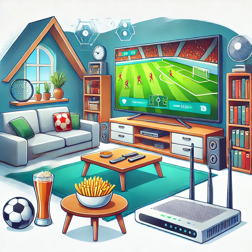 DALL·E 2024 06 19 13.21.11 An illustration showing a comfortable home sports viewing setup. It includes a large TV screen showing a live football match a comfortable sofa snac
