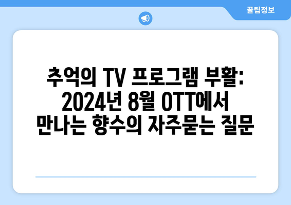 추억의 TV 프로그램 부활: 2024년 8월 OTT에서 만나는 향수