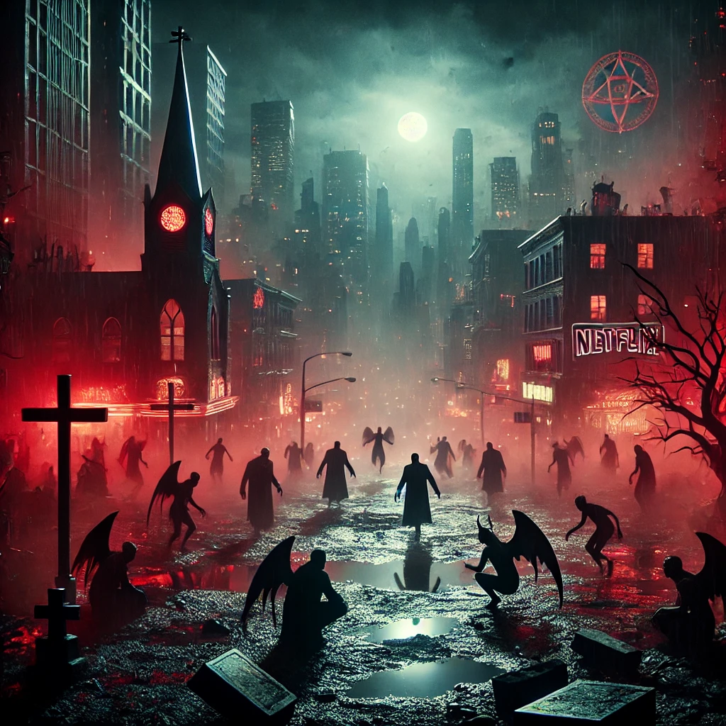 DALL·E 2024 10 16 15.43.01 A dark and intense scene capturing the mood of Netflixs Hellbound Season 2. The image depicts a mysterious urban setting at night with a haunting red