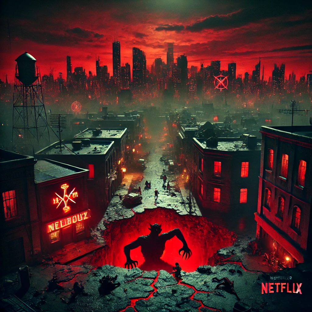 DALL·E 2024 10 16 15.43.52 A dark eerie urban landscape at night for Netflixs Hellbound Season 2. The city is bathed in a deep red glow from the sky with ominous shadows and