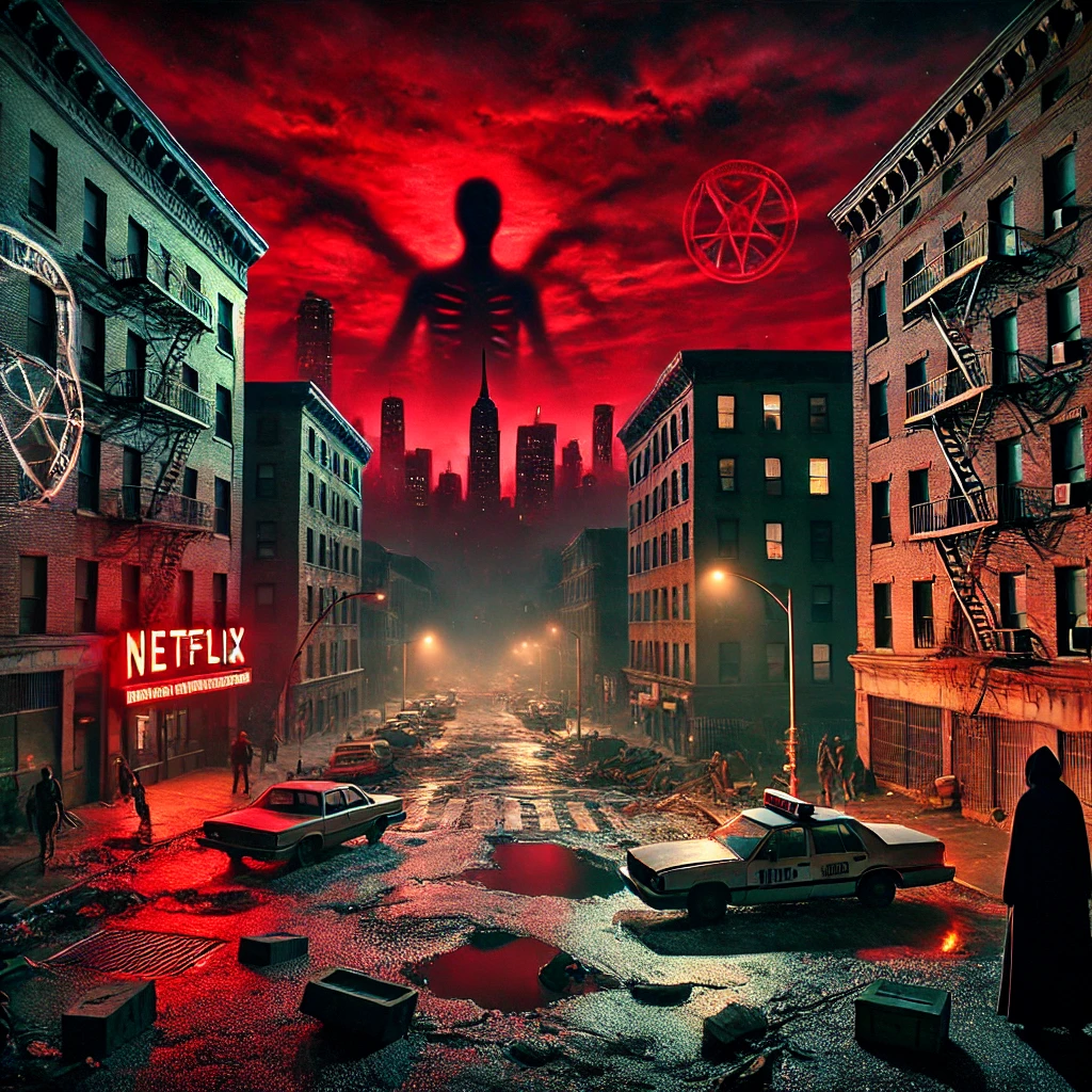 DALL·E 2024 10 16 15.44.45 A haunting cityscape at night inspired by Netflixs Hellbound Season 2. The sky is filled with an ominous red hue casting an eerie glow on the broken