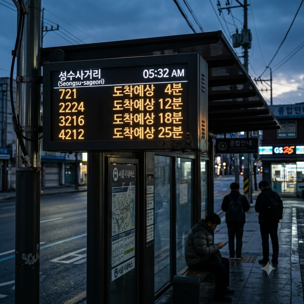 새벽 5시 30분 출근 시차 시간대를 보여주는 버스 정류장 전광판