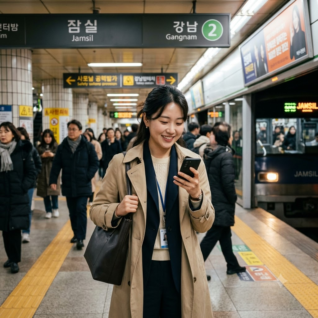 지하철 승강장에서 스마트폰으로 절약된 교통비를 확인하며 웃는 직장인